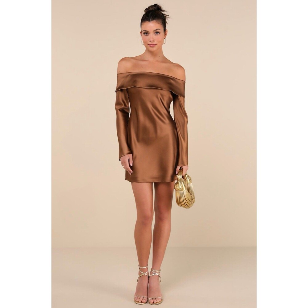 Lulus Luxurious Vision Dress Brown Satin Mini Off the Shoulder Size L NWT